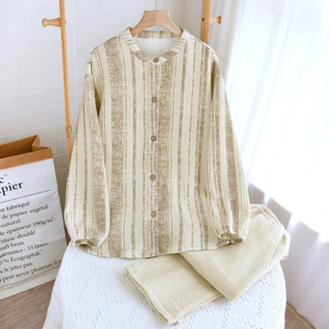 レディース パンツ ルームウェア パジャマ シャツ 部屋着 寝巻き 長袖 ノーカラー ボタンダウン ウエストゴム シンプル おしゃれ レトロ アジアン こなれ感 ラフ 個性的 主役級 存在感 抜け感 ベーシック カントリー ナチュラル ストライプ 春 夏 ロングシーズン ママ お泊まり 旅行 休日 楽ちん 体型カバー 普段使い 着回し 定番 M L XL ゆったり ゆる ベージュ ベーシックカラー 大人カラー