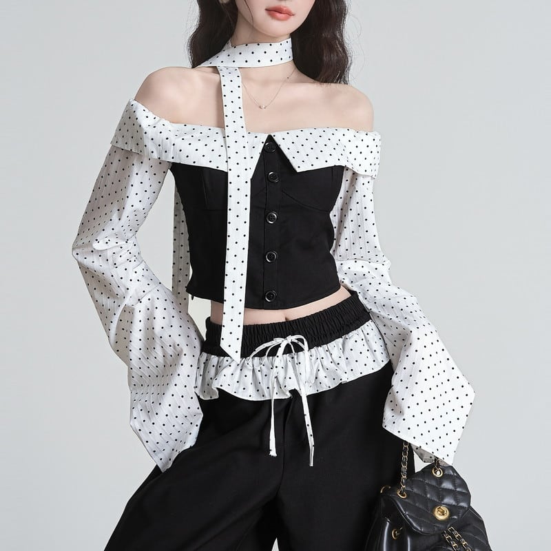 cropped dot tie off-shoulder tops m1193