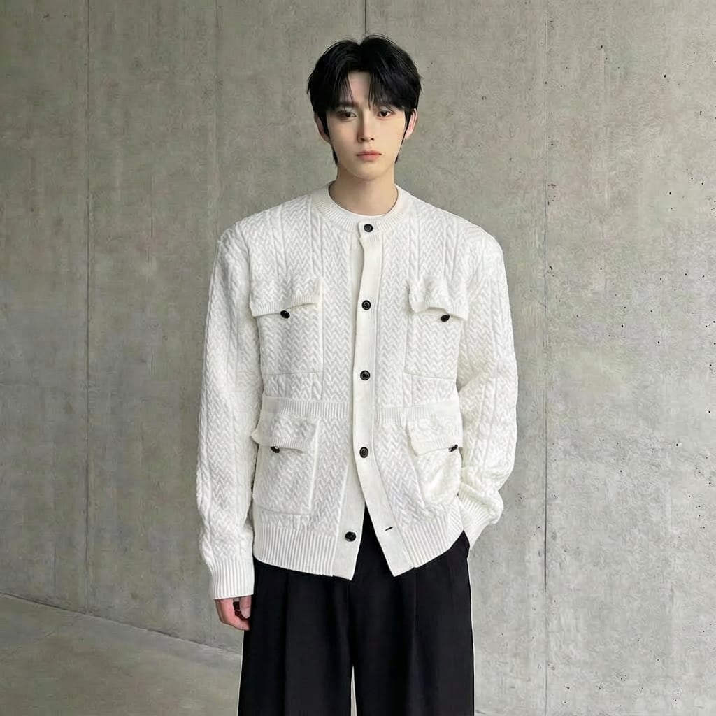 フラップポケット ケーブル編みニットカーディガン 3カラー D11996