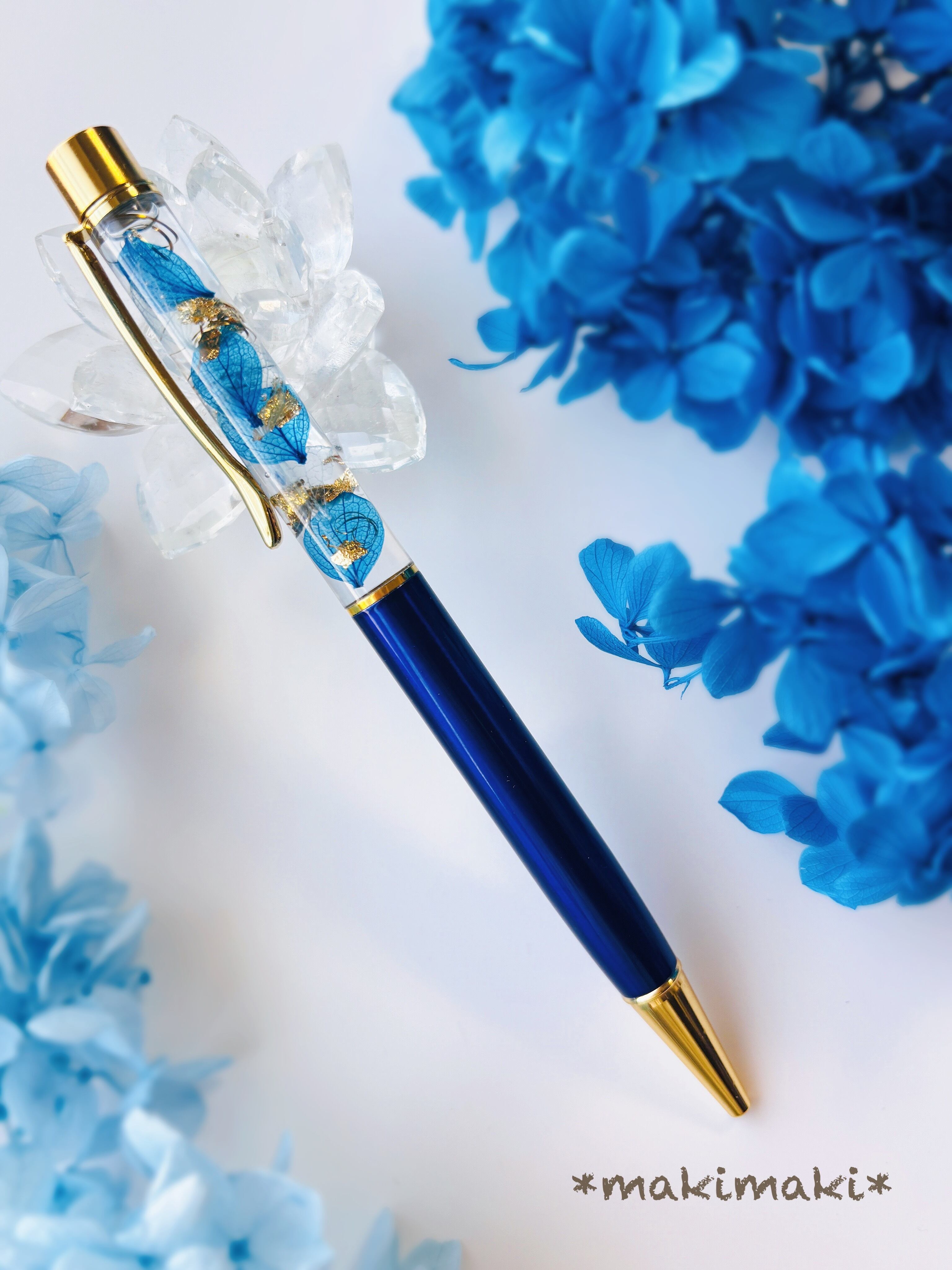 青紫陽花プリザのハーバリウムボールペン(青、ブルー、水色)プレゼント