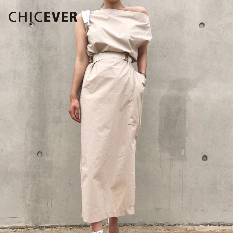 CHICEVERサマードレス女性セクシースラッシュネック裾スプ​​リットビッグポケットウエストレースアップスリムドレスタイド 夏物 6base533182501041