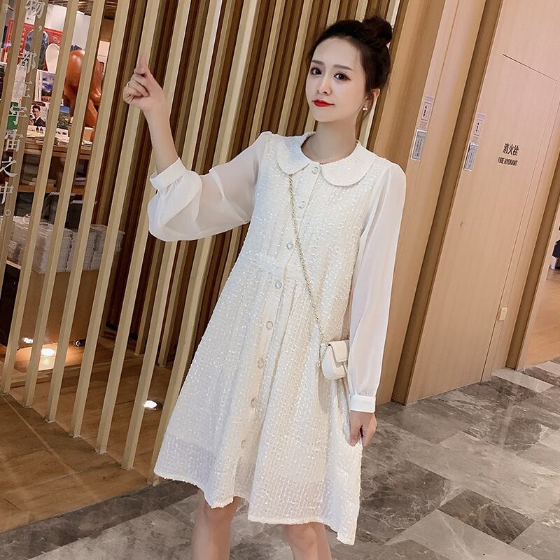 【新作】【送料無料】 マタニティウェア2020年春秋新作シフォンステッチドレス、ドールカラーミドル丈母乳育児スカート、オープンボタン母乳育児-アリババ スプリング 春物 オータム 秋物 expec298388043496