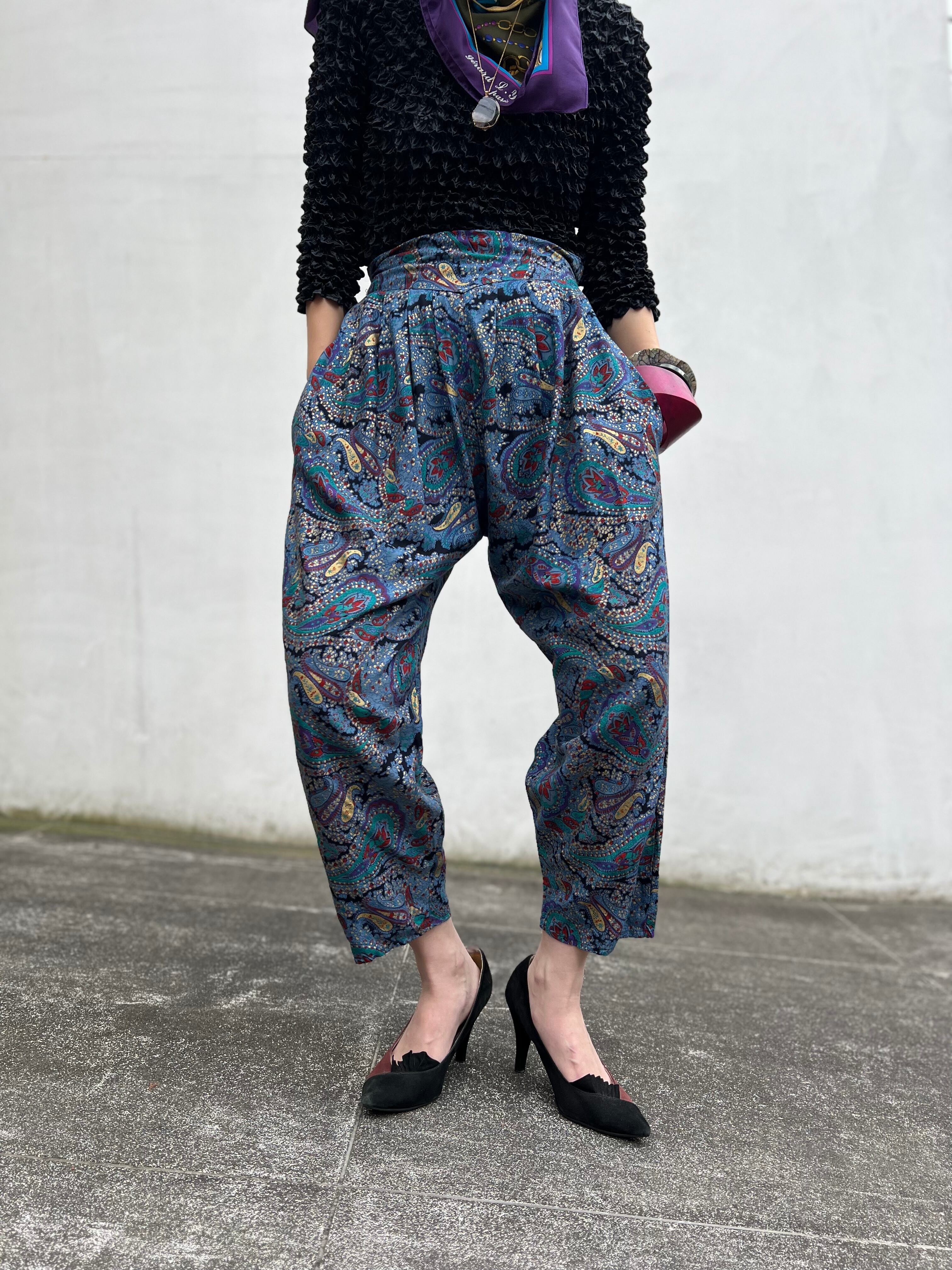 80s blue × gold paisley cotton pants ( ヴィンテージ ブルー