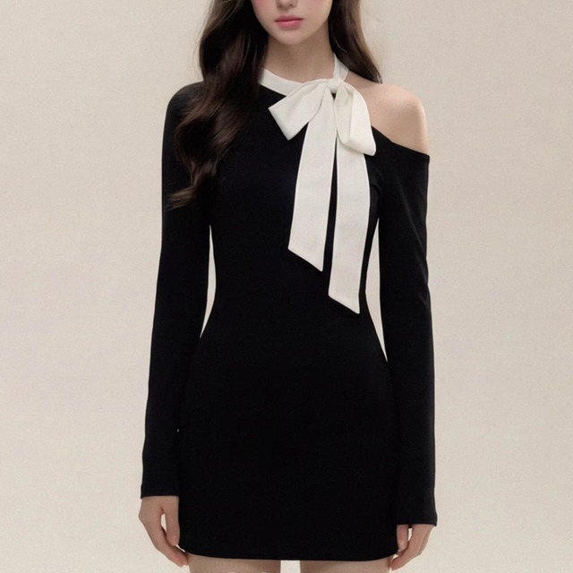 ribbon-style long sleeve mini one-piece m1644