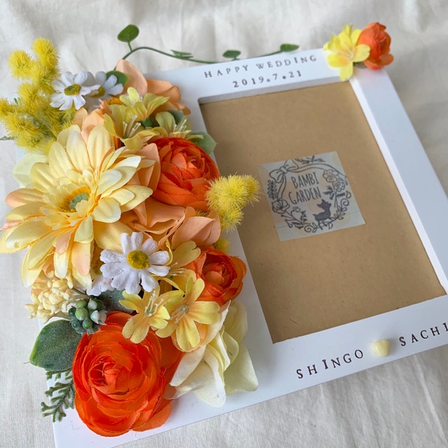 オーダーフォトフレーム造花white Orange Yellow Bambi Garden オーダーフォトフレーム造花white Orange Yellow Bambi Garden
