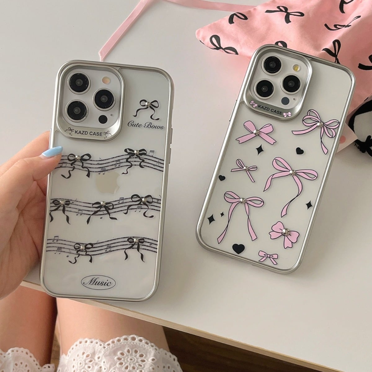 大人可愛いリボン◎マットシルバー クリアケース 保護メタルフレーム 五線譜 かわいい 蝶々結び 透明 スマホケース ND-15929