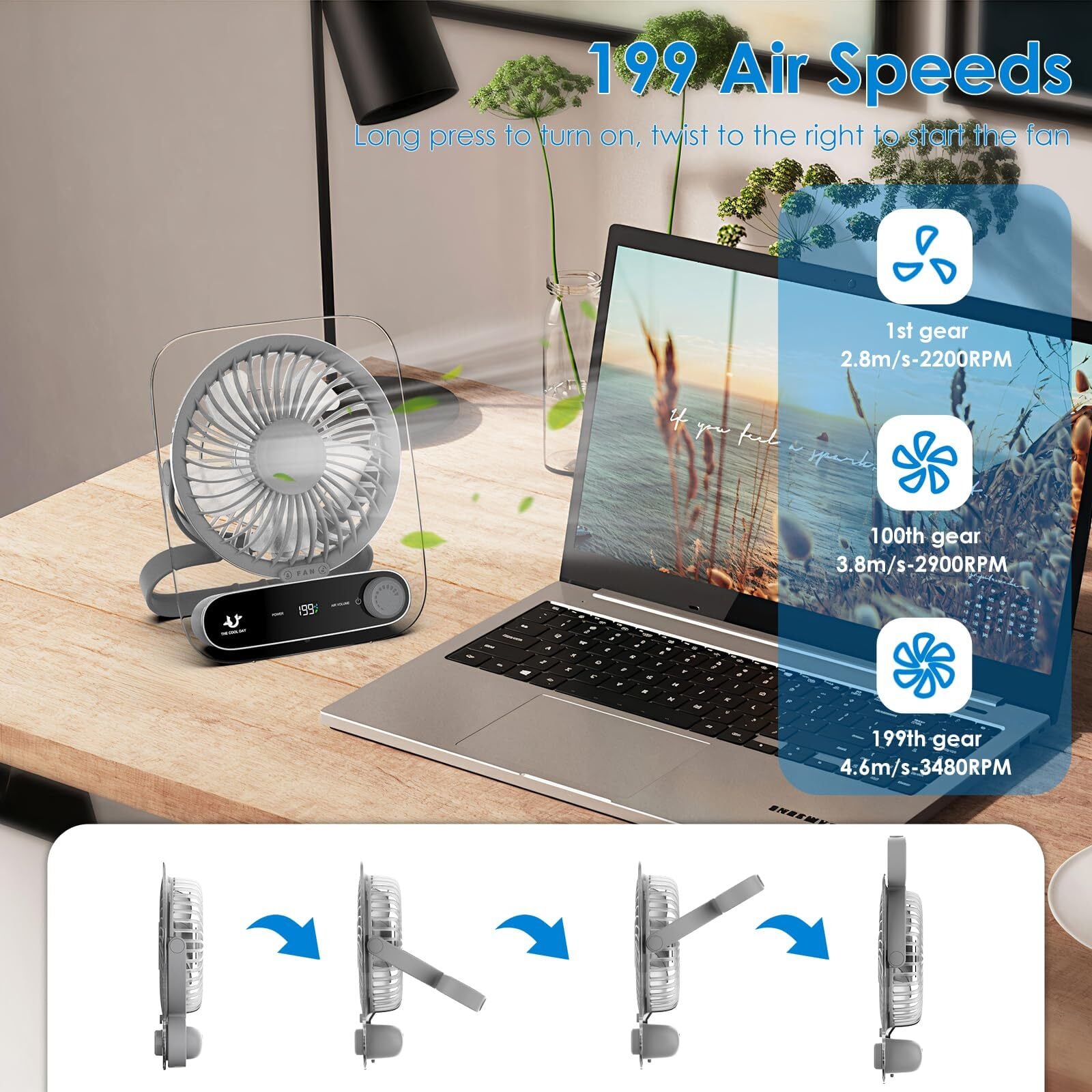 Simpeak Usb Fan Simpeak USB扇風機 199段階調整 充電式卓上扇風機 小型静音ファン、吊り下げ可能 照明付き ミニファン、オフィス/寝室/旅行/車内 ...