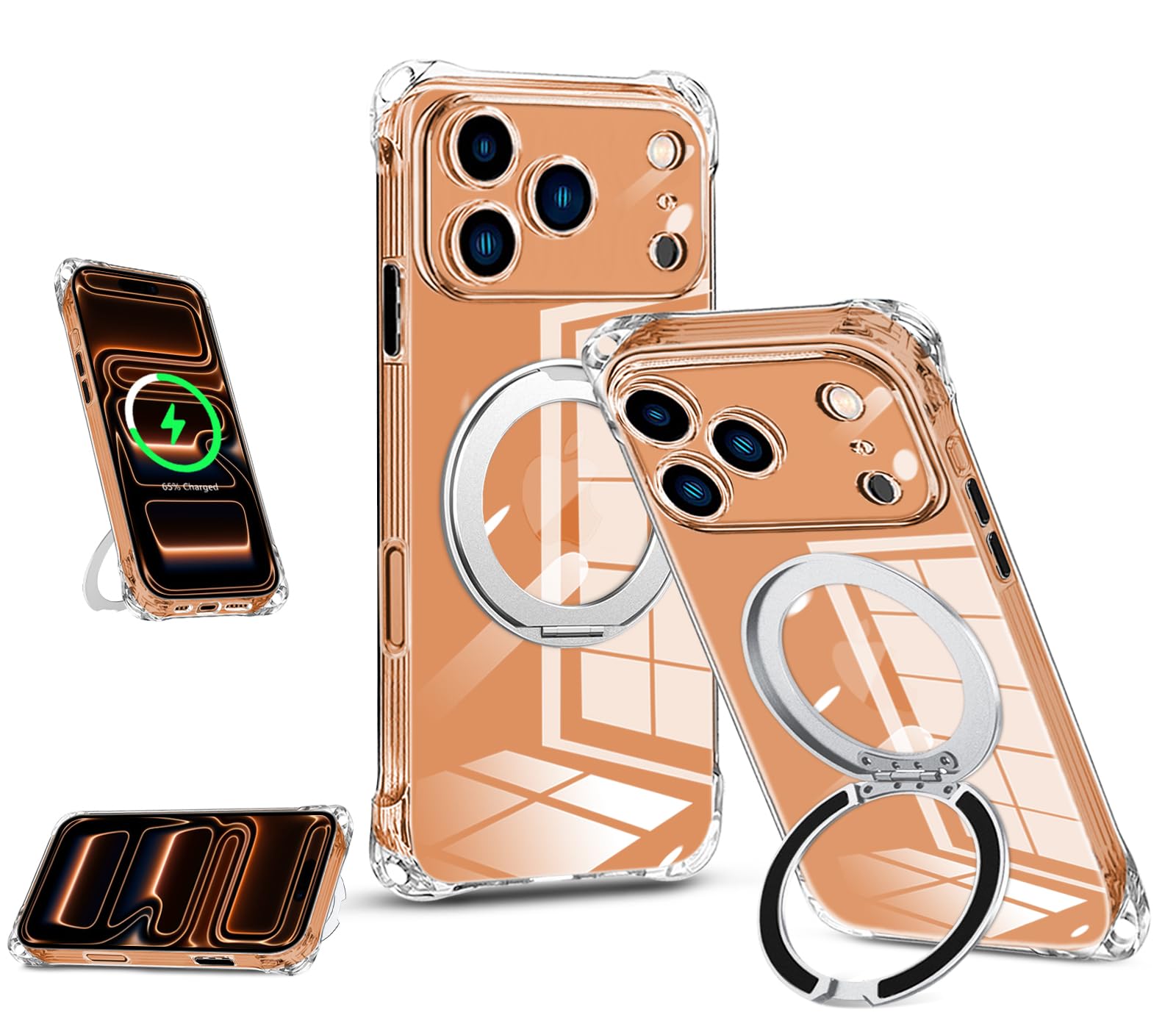 対応 iPhone 17 Pro/18 Pro MagSafe対応 クリアケース 360度回転スタンド リング付きワイヤレス充電 ストラップホール付き