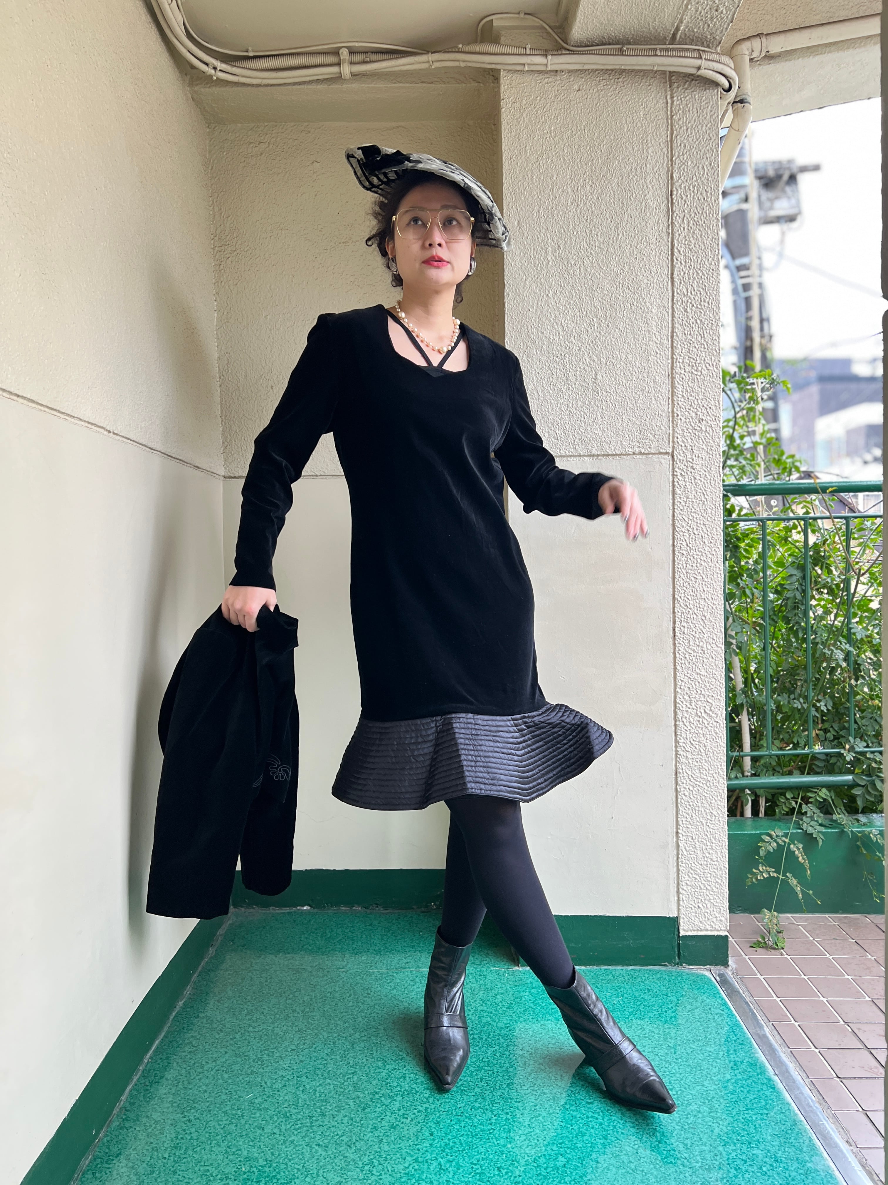 80s black velours design dress