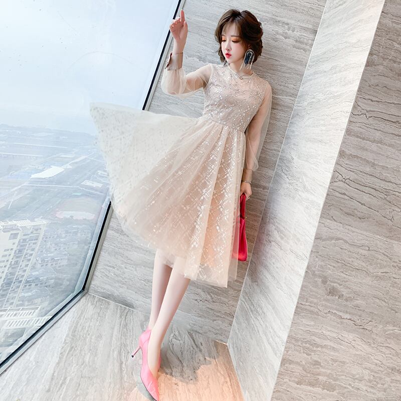 ラウンドネックメッシュドレス スプリング エレガント 春物 Oネック MIUCO5208919022