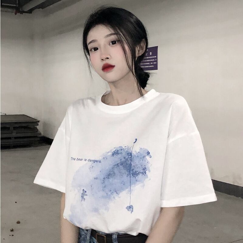 トップス サマーTシャツ シャツ 薄手ルーズホワイトプリント 大人ガーリー スウィート キュート カジュアル 夏物 1号婦人34006595612