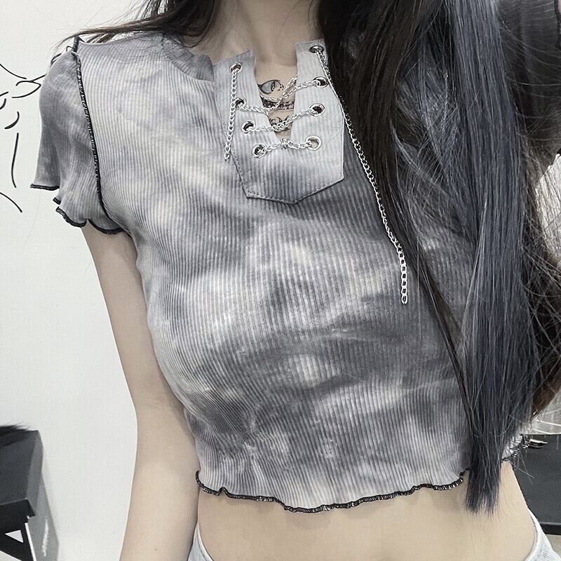 スタンダードショートTシャツ サマーVネックスリムクロップドトップス レトロ 夏物 ケッペル2093399788