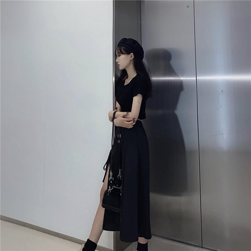 【韓国ファッション】セットアップ シアー スリット タイト セクシー カジュアル セットアップ レディース へそ出し Tシャツ