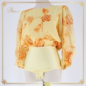 社交ダンス 衣装 トップス レオタード イエロー系 チャコット Chacott 花柄 伸縮 ストレッチ 練習 レッスン 黄 橙 日本製 かわいい シフォン 華やか ボタン 花 フラワー ダンス衣装 ステージ イベント オレンジ系