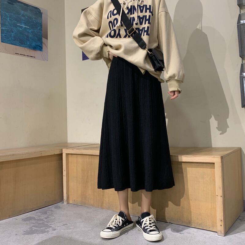 ハーフレングスのスカートの女性の2020年秋の新バージョンのレトロな野生のハイウエストスリムミディアム丈ニットAラインスカート傘スカート クレセントシティ66558644311