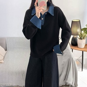 レイヤード風 ニット デニム切り替え 韓国 トップス 長袖 レディース 春秋冬 おしゃれ 大人 カジュアル ポロ襟 ゆったり 大人可愛い 大人女子