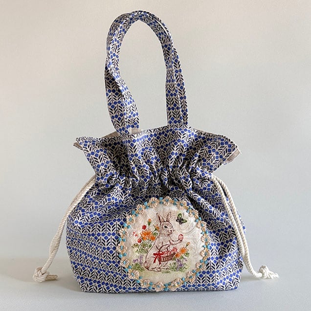 巾着ミニトートバッグ青色『春待ちうさぎ』