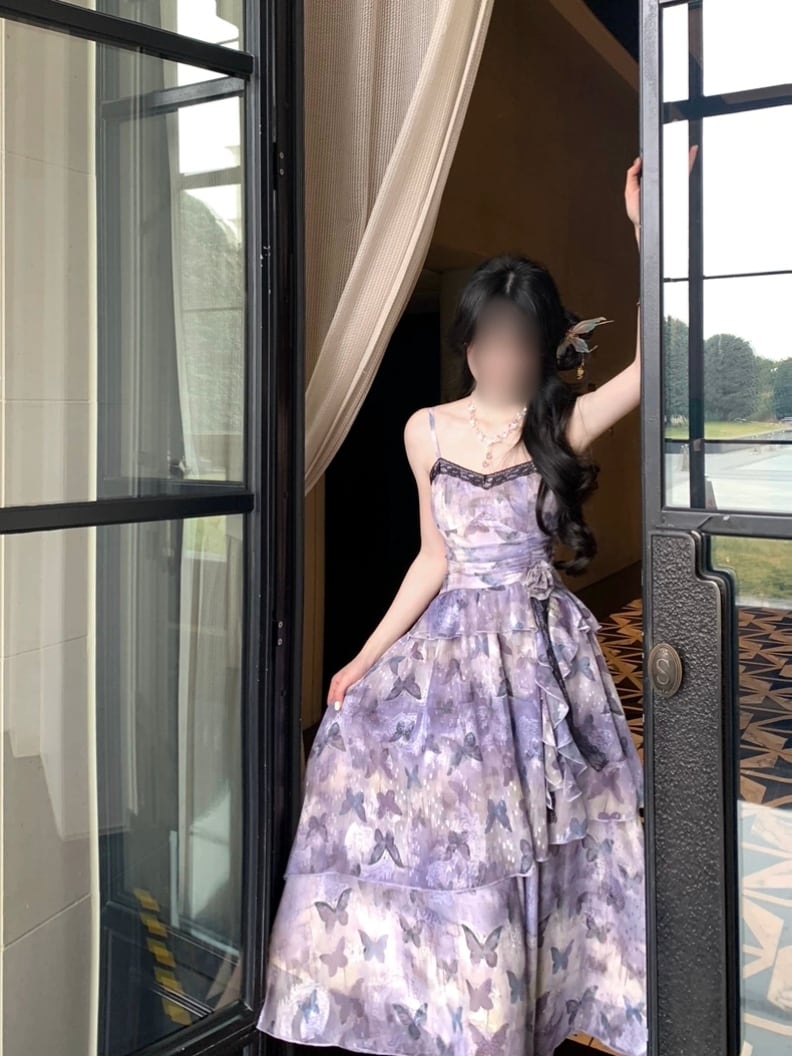 蝶柄ラベンダーキャミワンピース｜細見え×大人可愛いフレアシルエット