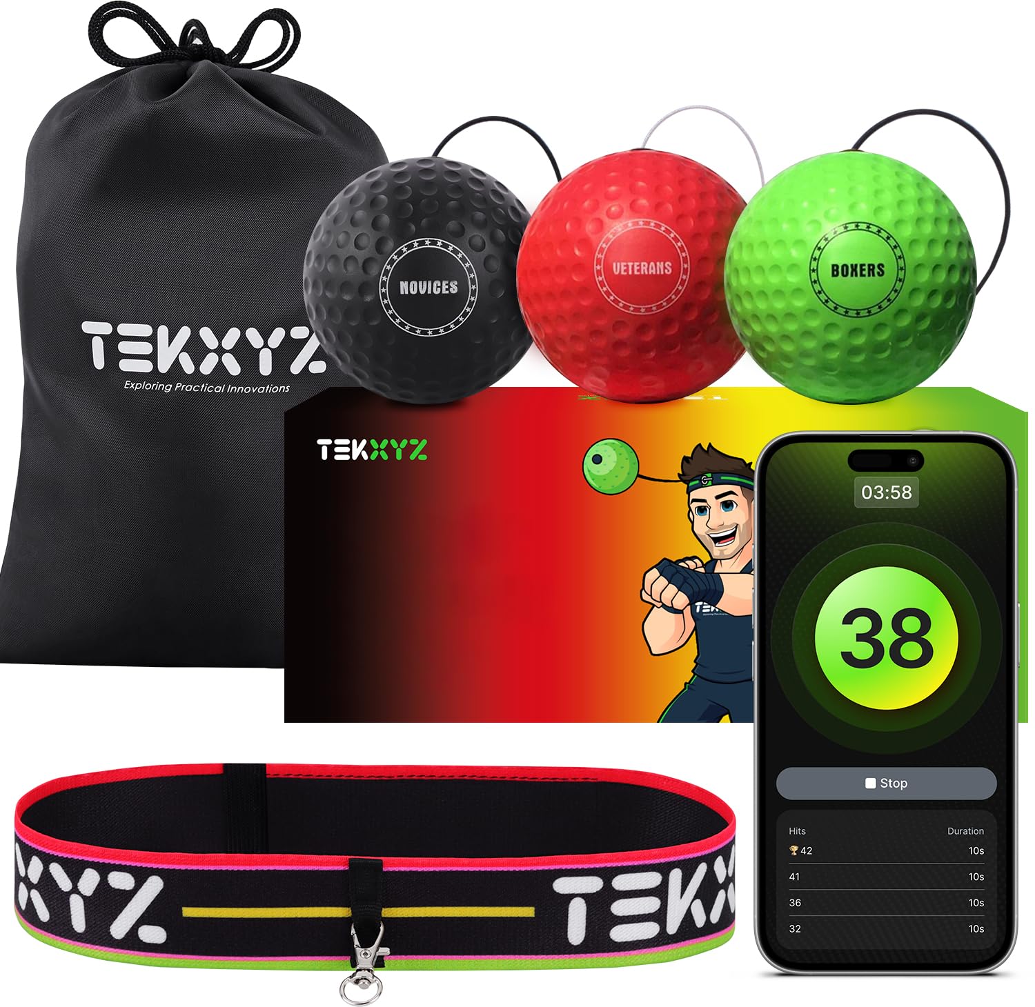 TEKXYZ パンチングボール リフレックスボール 3球セット 3段階トレーニング(赤黒緑)APP連動 ランキング&コミュニティ 反応速度強化