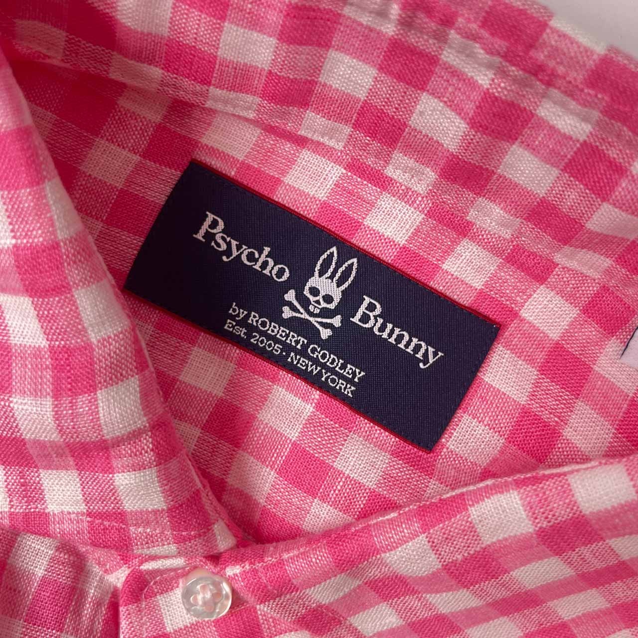 リネン100% Psycho Bunny サイコバニー ギンガムチェック 長袖シャツ 44/ピンク系 メンズ ゴルフ