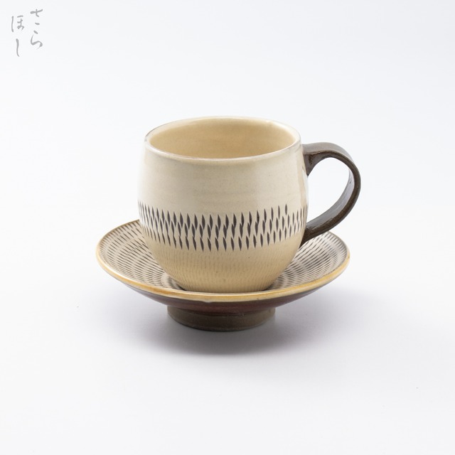 小鹿田焼 小袋窯【手付フリーカップ＆4寸皿セット】飛びかんな 白  陶器 和食器 民藝