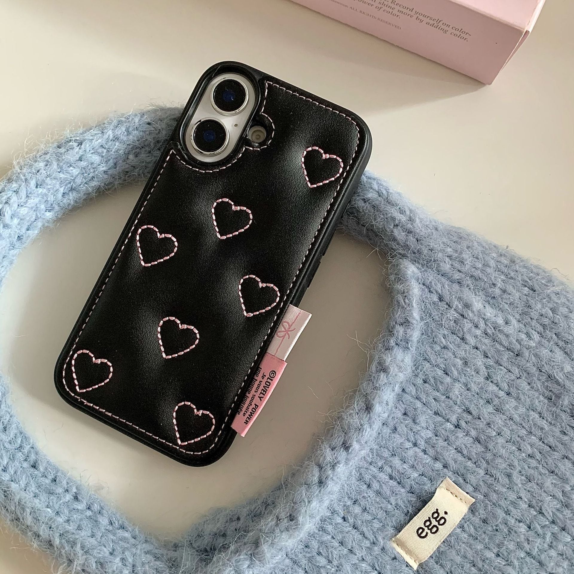 ステッチが可愛い◎高級感ブラックレザー調ケース iPhone 黒フェイク