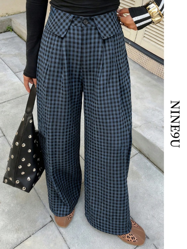 plaid high-waist wrap-waist pants【NINE-S0008】