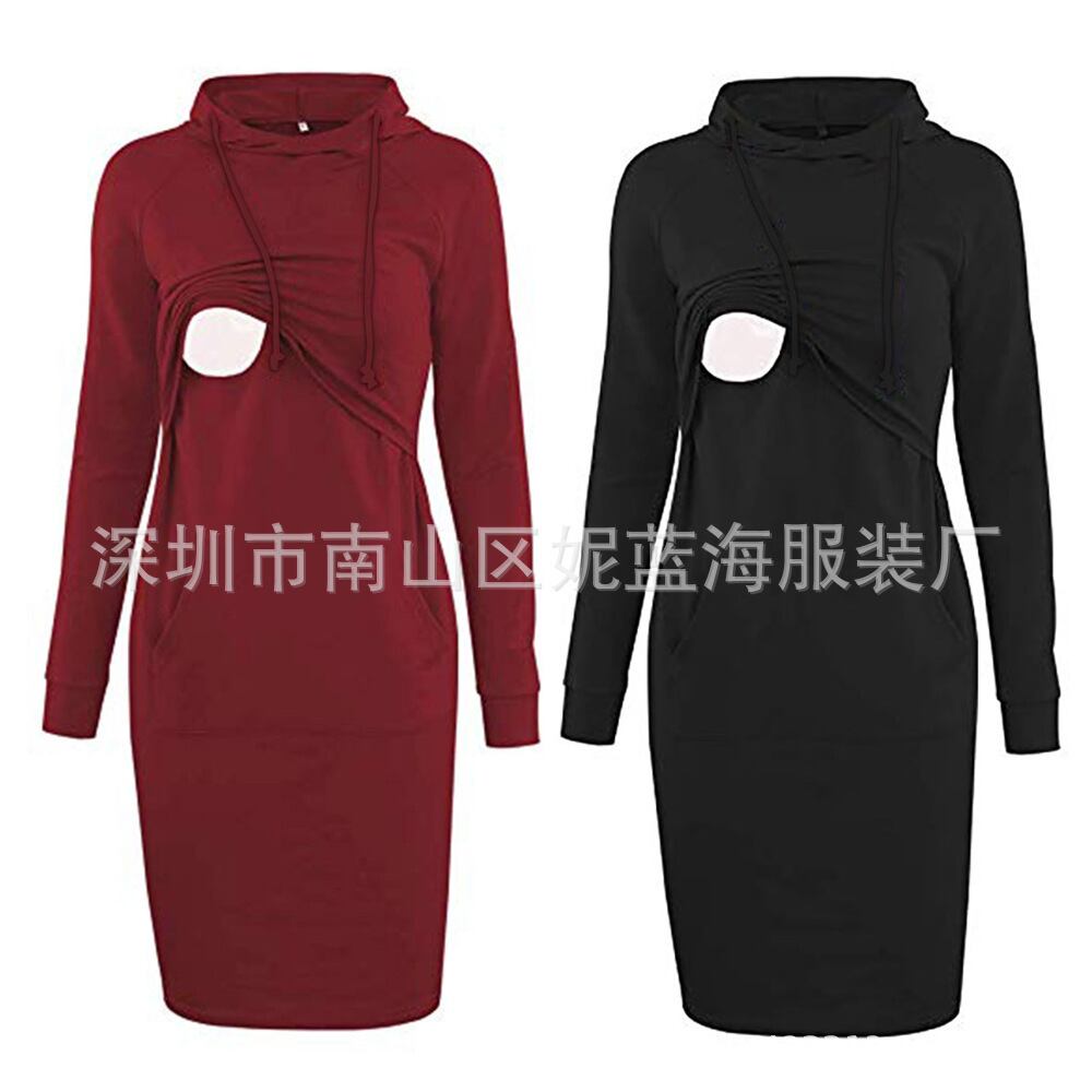 【新作】【送料無料】 秋のマタニティドレス無地フード付きレース妊娠中の女性セーター母乳育児ドレス長袖妊娠中のドレス ロング オータム 秋物 ソリッドカラー expec530471356138