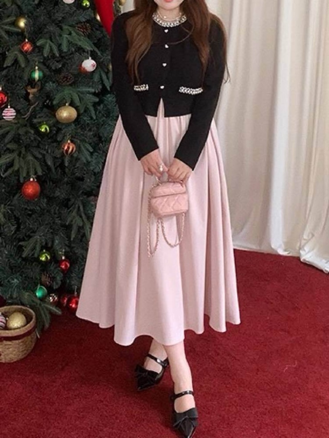 特別な日に選びたい華やぎワンピ♡ パール付カーディガンドッキングワンピース 大人可愛い ハート パール お洒落 バイカラー コーデ お呼ばれ 脚長 くびれ 細見え 体型カバー 大きいサイズ 韓国 CH11534