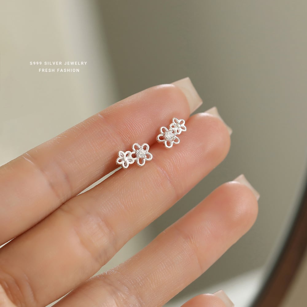 2連花ジルコニア ピアス プラチナ仕上げS999シルバー レディース可愛い