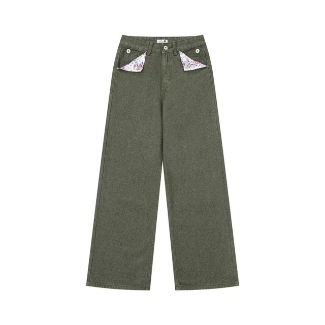 フラワーポケットシンチバックワイドラインデニムパンツ 3col R02590