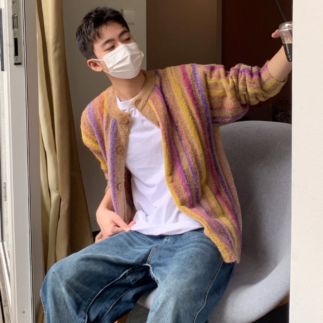 【予約販売】カーディガン ニット セーター ストライプ柄 メンズ イエロー ブルー オーバーサイズ こなれ感 ストリート お洒落 韓国 トレンド 秋冬 S/M/L/XL