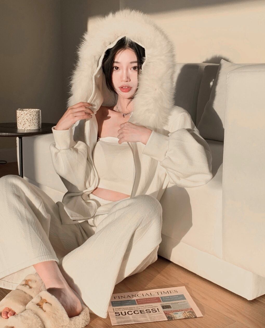 ANGEL BLUEファー かえれ フード付きニットセーター 白 L (160)サイズ 