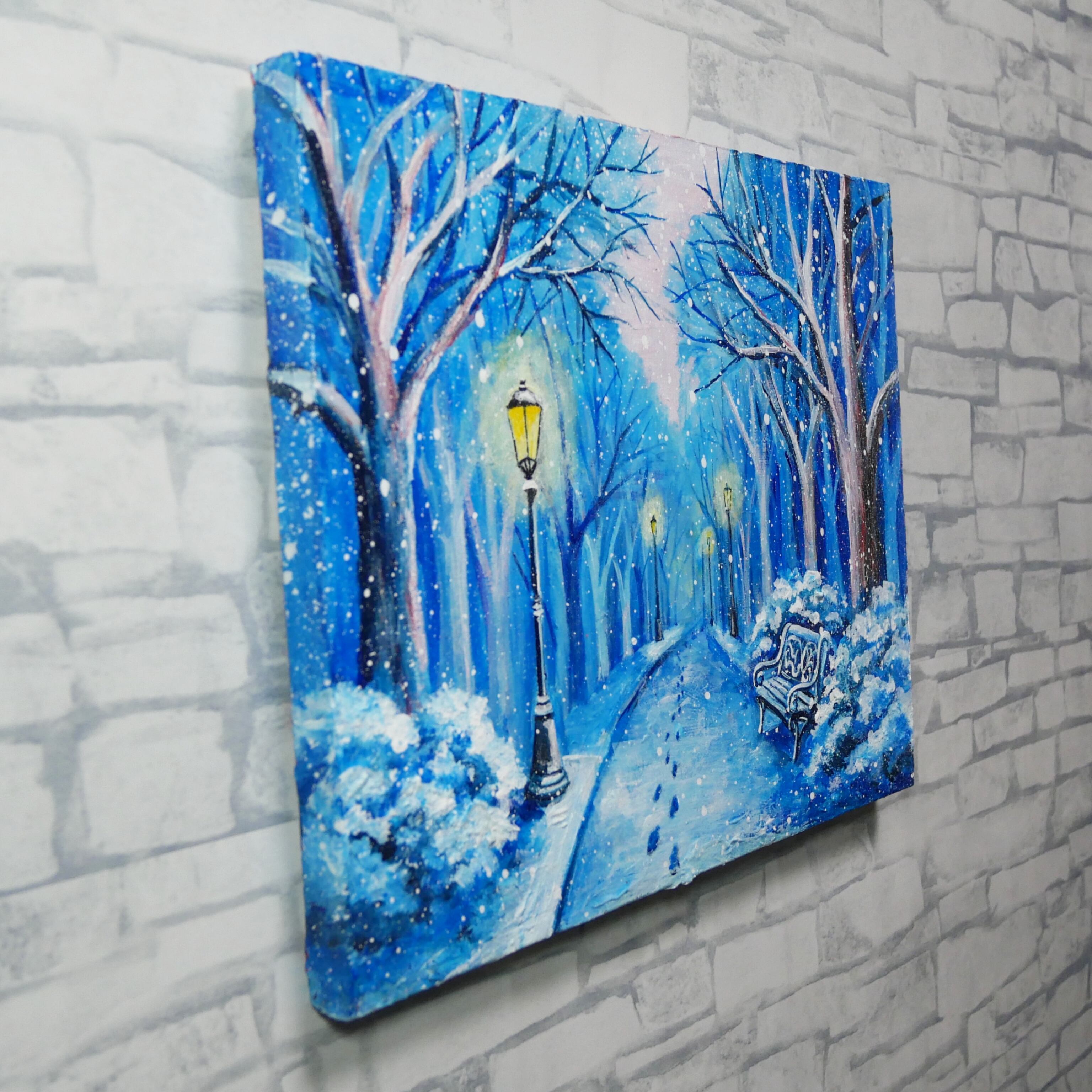 油絵 原画 雪景色 冬景色 幻想的 青 絵画 F3「雪降る幻想」 | HIROSHI1990