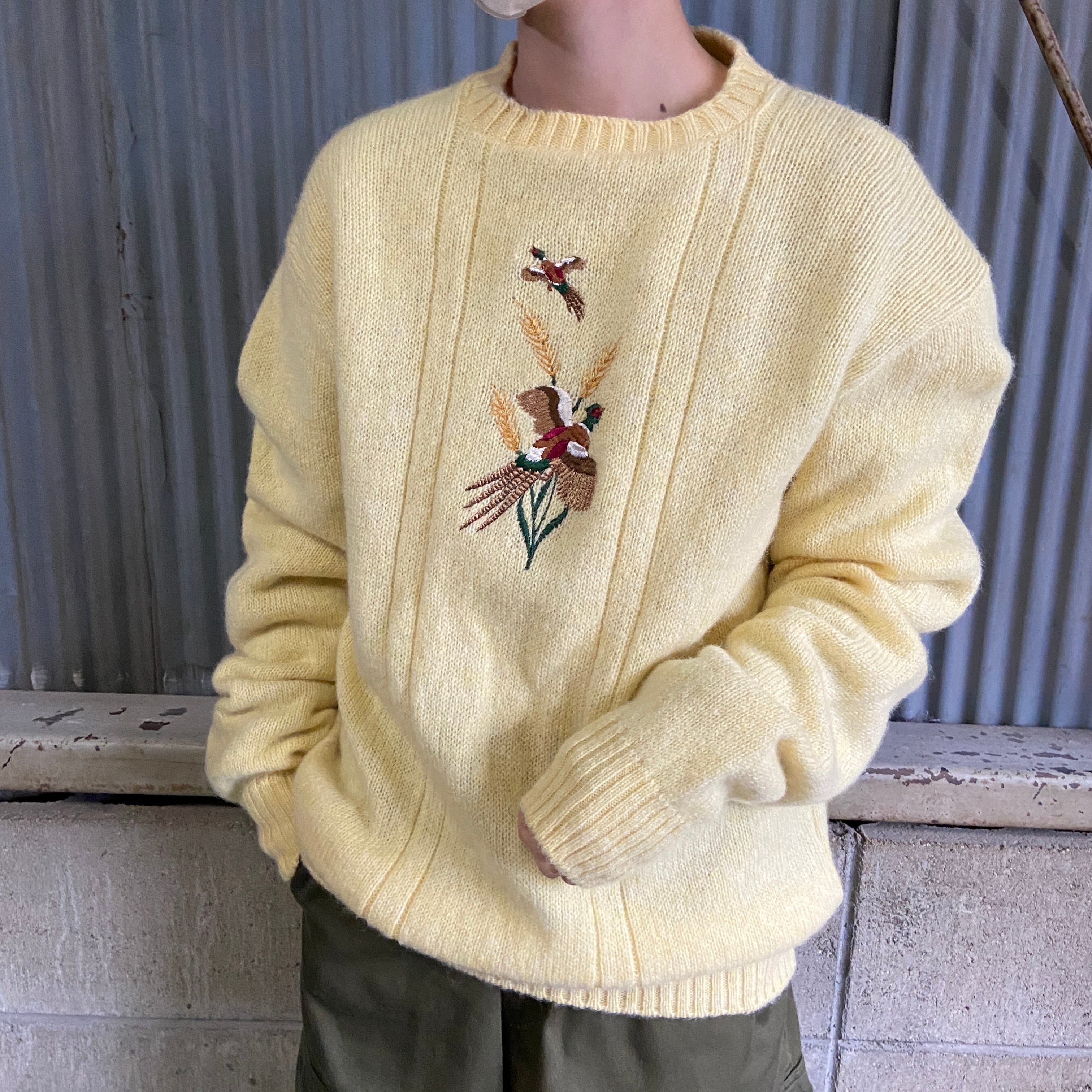 70年代 USA製 鳥 アニマル 刺繍 シェットランドウール ニットセーター 