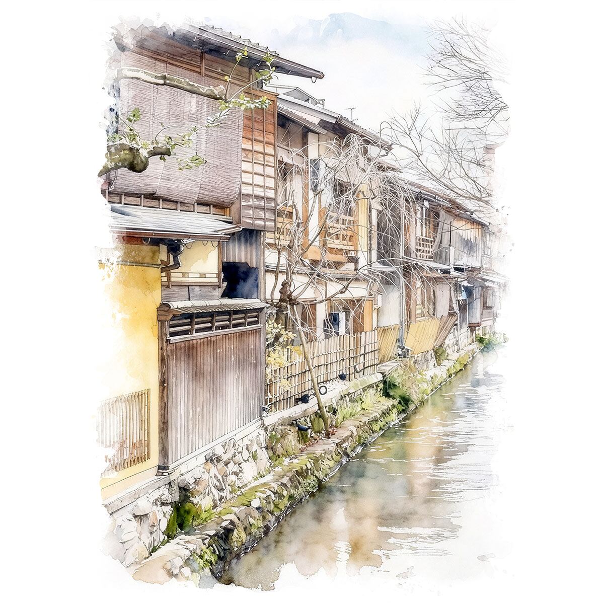 絵画 風景画 日本 京都府 白川沿い インテリアアート額付き 水彩画風 WAT1682