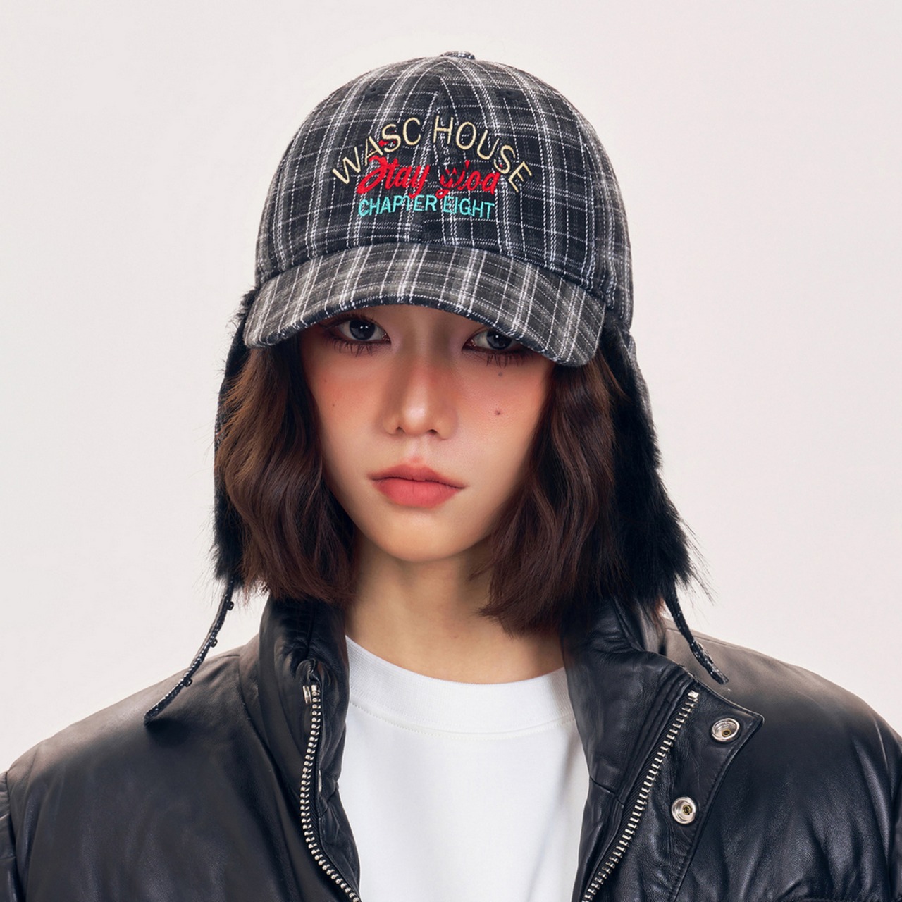 2色チェック柄防風ファーイヤーキャップ  G191