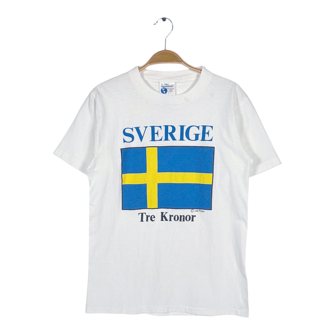 80s スウェーデン 国旗 USA製 ヴィンテージ Tシャツ ホワイト シングルステッチ SVERIGE TRE KRONOR サイズM 古着 BZ0593