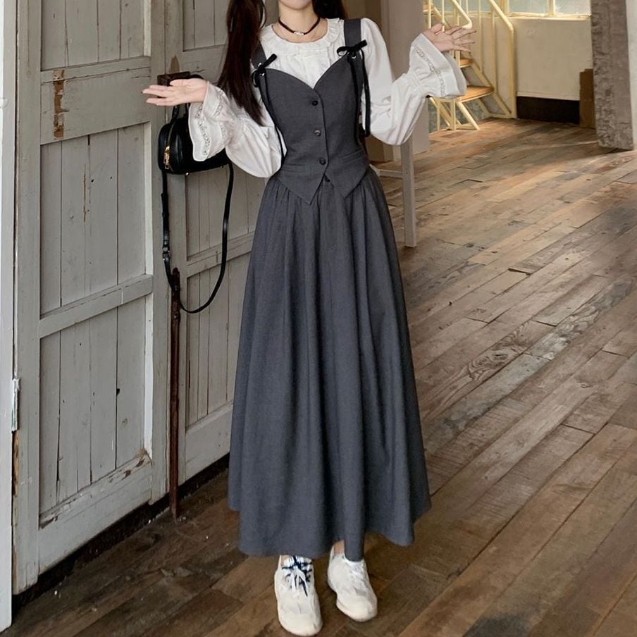 RALPHLAUREN セットアップ ロングスカート ウール グレー 襟ベロア セットアップ 2点セットアップ 配色衿ショート丈ジャケット＆タック