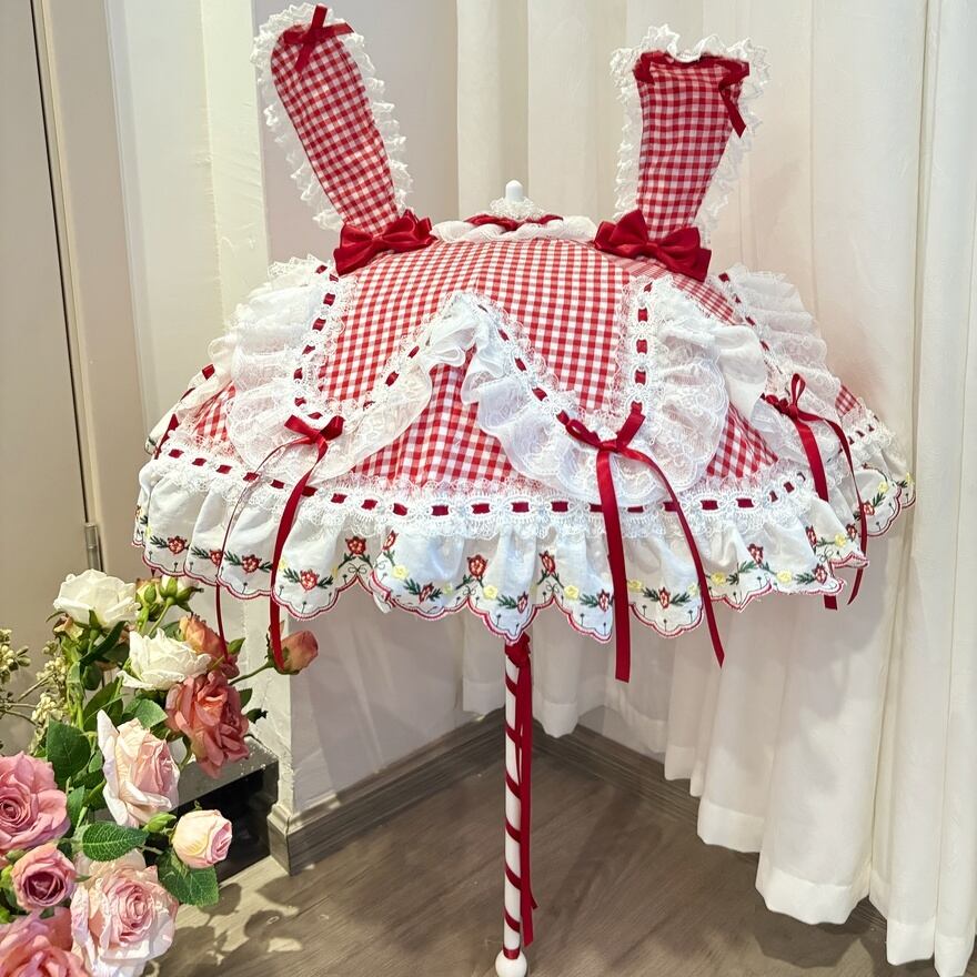 苺うさぎの野原散歩 赤白ギンガム刺繍レースうさ耳甘ロリフリル日傘