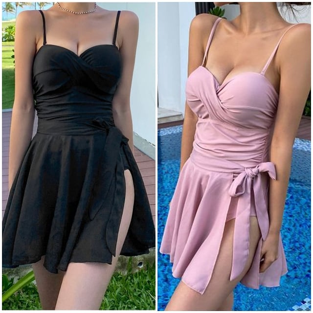 【予約販売】水着 レディース ワンピース パレオ 2点セット 黒 ブラック ピンク フレア スカート 体型カバー シンプル 無地 海 夏 ビーチ プール リゾート スイムウェア 可愛い こなれ感 お洒落 韓国 トレンド M/L/XL