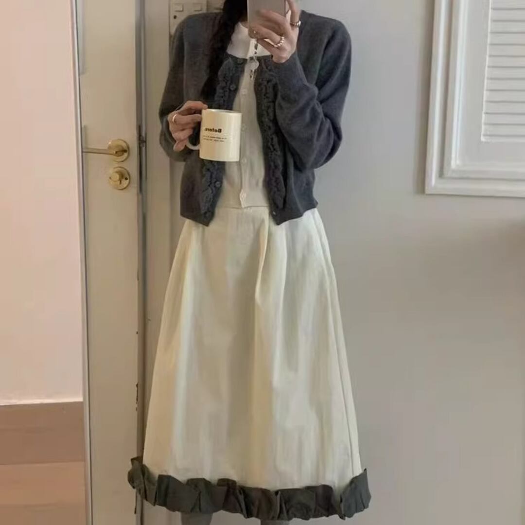 Cable Knit Cardigan – Faux Two-Piece Round Neck Sweater (CF070)