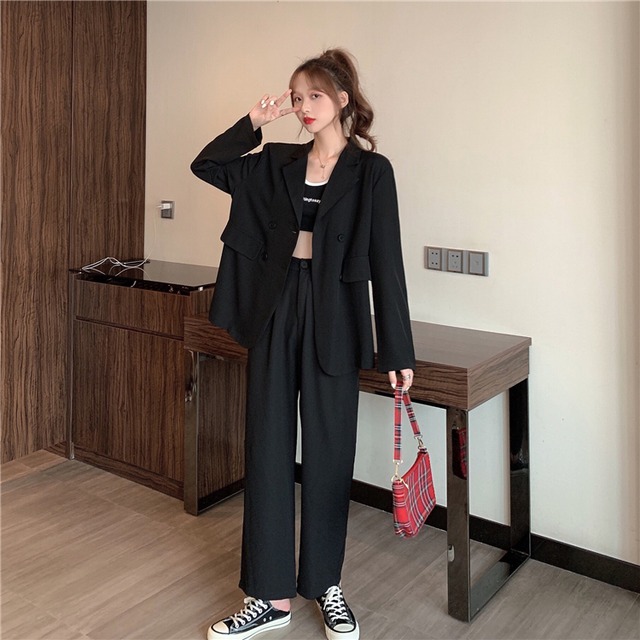 カジュアルスーツ セットアップ 2ピース ルーズシルエット 無地 ジャケット ワイドパンツ ホワイト ブルー パープル ブラック 大人カジュアル メンズライク オルチャン 韓国 オルチャンファッション 韓国ファッション P13 Korean Select 韓国ファッション オルチャン