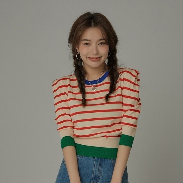トップス レディース コントラスト デザイン センス 七分袖 ショートトップ バイカラー ボーダー柄ニット スリムニット 7分袖 フリーサイズ 春 夏 秋 モカ レッド 10代 20代 30代 40代 50代 OL 通勤 学生 通学 デート お出かけ 公園デビュー 女子会 ファッション コーデ スタイル かわいい 大人可愛い きれいめ 送料無料