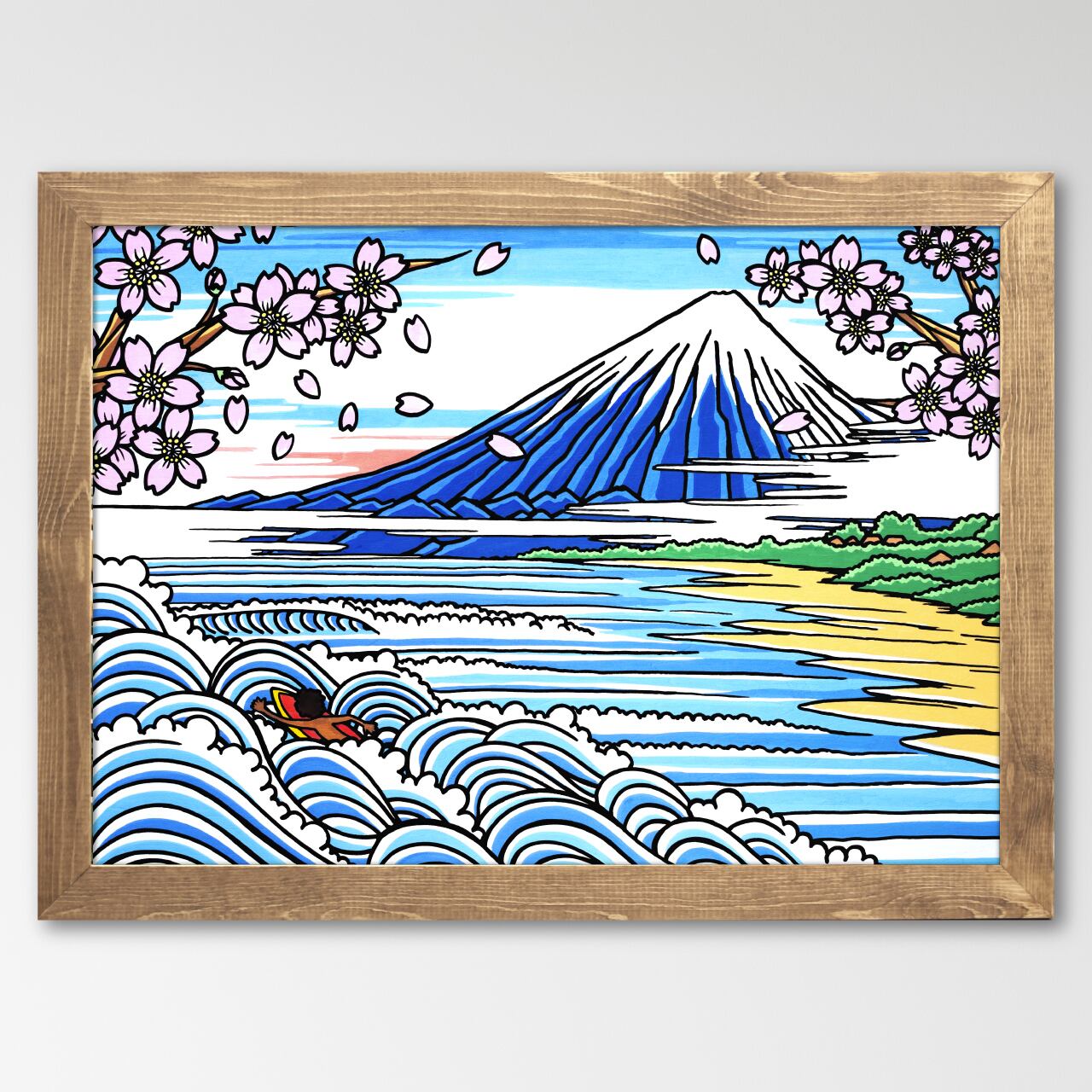 ◯週末特価●イラスト原画②●アメリカ● 原画】Wood Panel A2 Size（富士山と波乗り）with Frame | TAMO ART