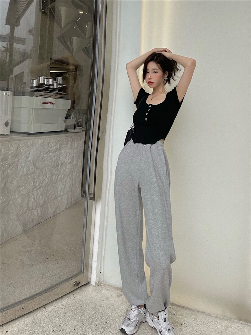 パンツ ルーズハイウェストウェスト薄手サマーカジュアルグレー 夏物 ブラックストロベリース87236278748