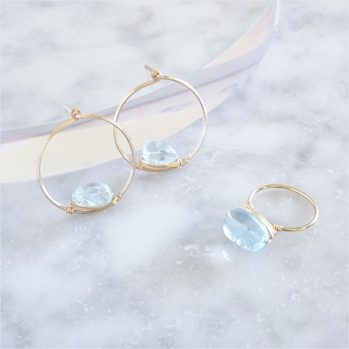 福袋14kgf*宝石質Aquamarine wrapped ring + pierced earring