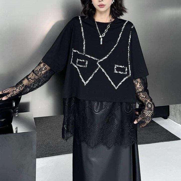 LACE PRINT LAYERED RELAXED LONG SLEEVE T-SHIRT M-17161