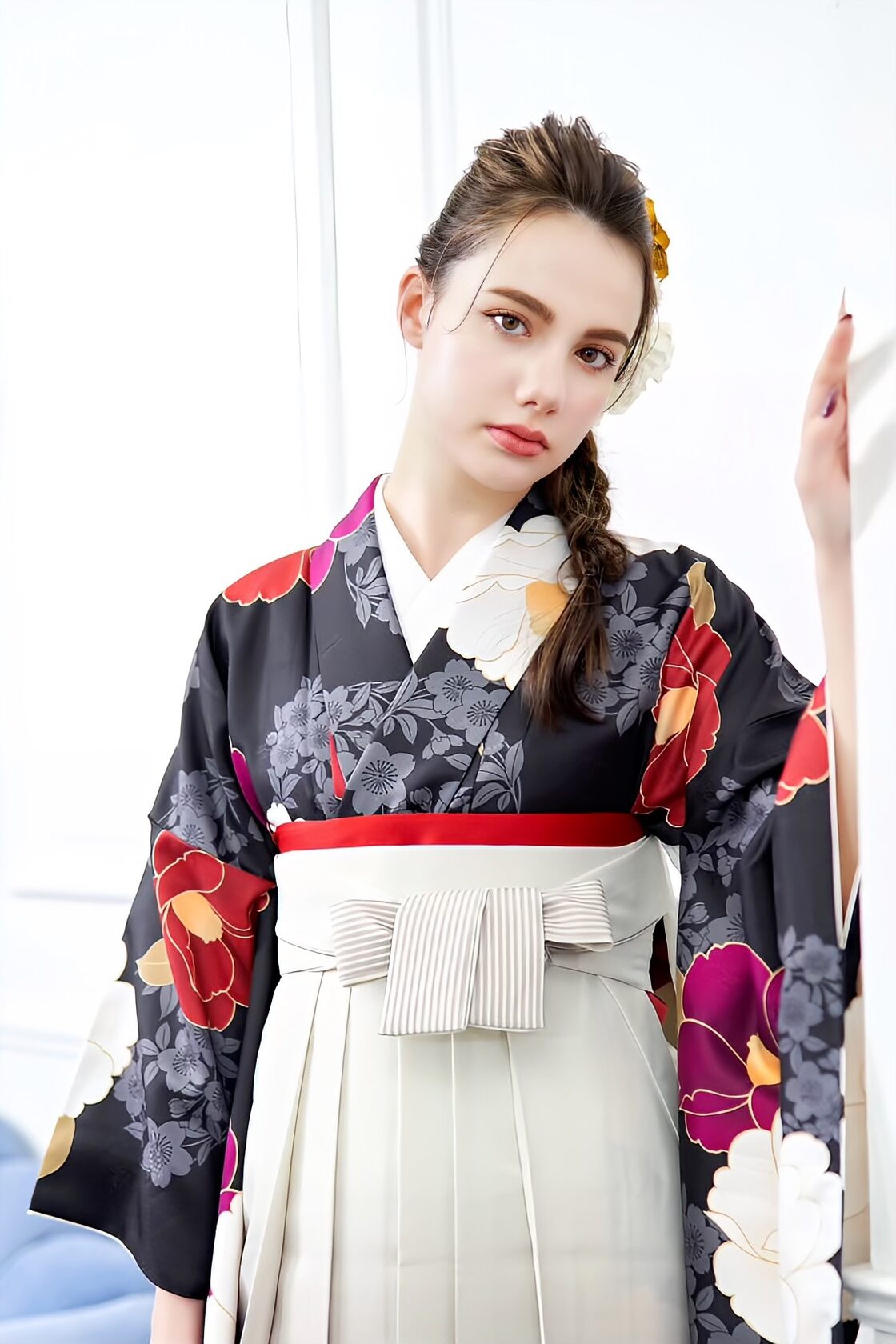 Kimono Sienne 卒業式袴3点セット グレージュ 白 紫 袴 二尺袖着物 袴 