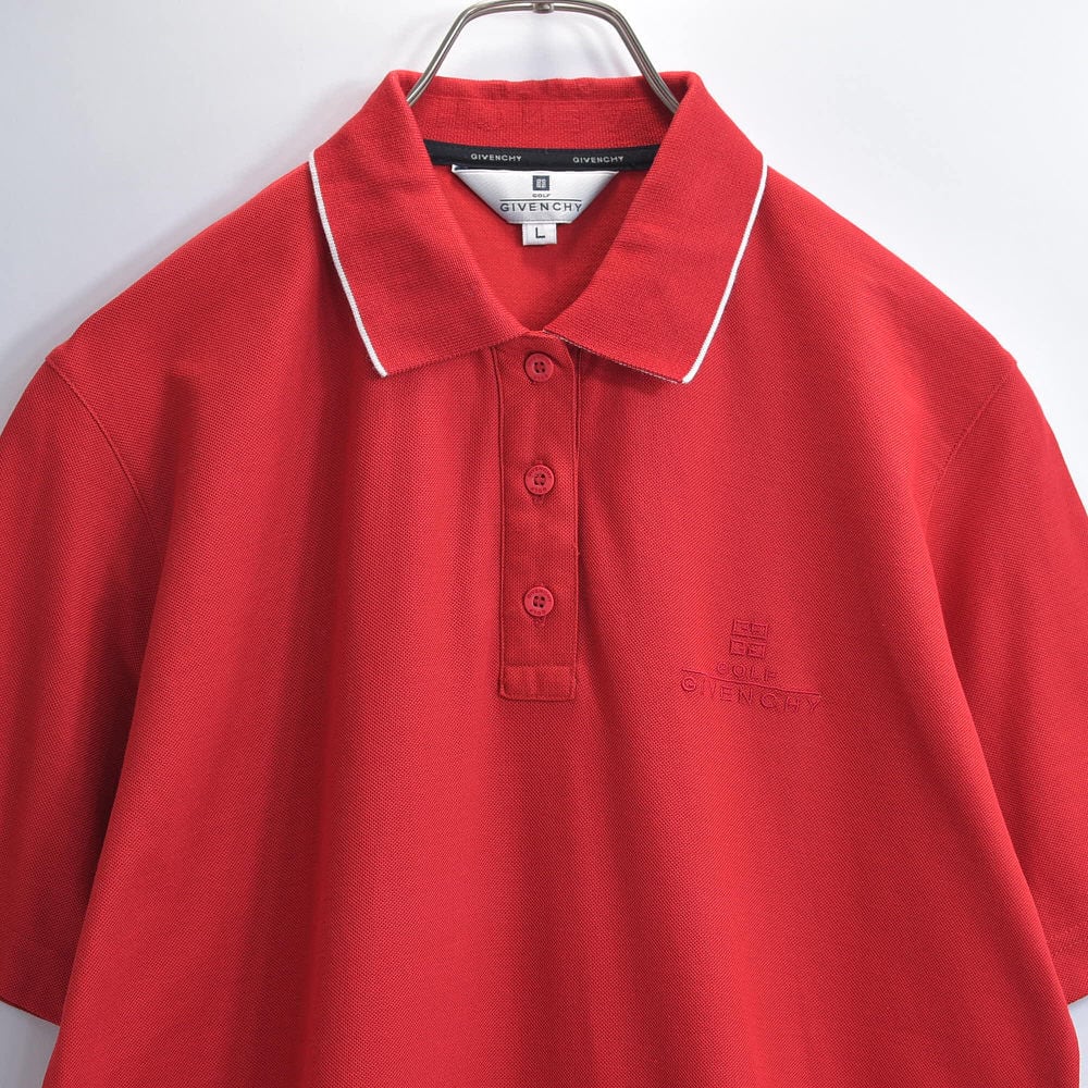 90s~ GIVENCHY GOLF ジバンシィ 刺繍ロゴ 襟ライン デザイン ポロシャツ 鹿の子 赤 レッド ヴィンテージ ラグジュアリー ブランド ビンテージ 古着 レディースS相当